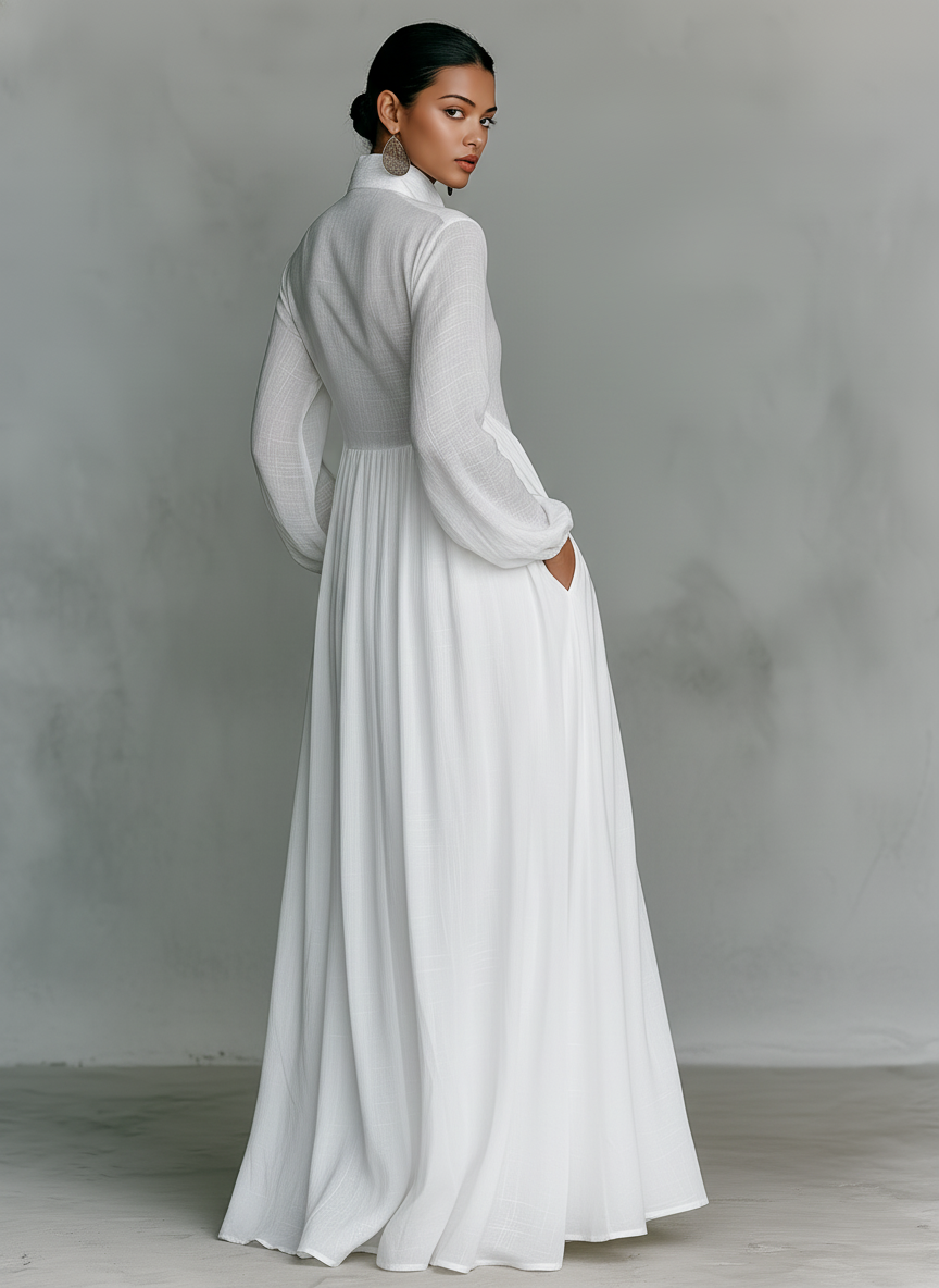 Women's light maxi dress in white tone, stand-up collar, button-front, long sleeves