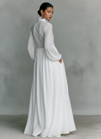 Women's light maxi dress in white tone, stand-up collar, button-front, long sleeves