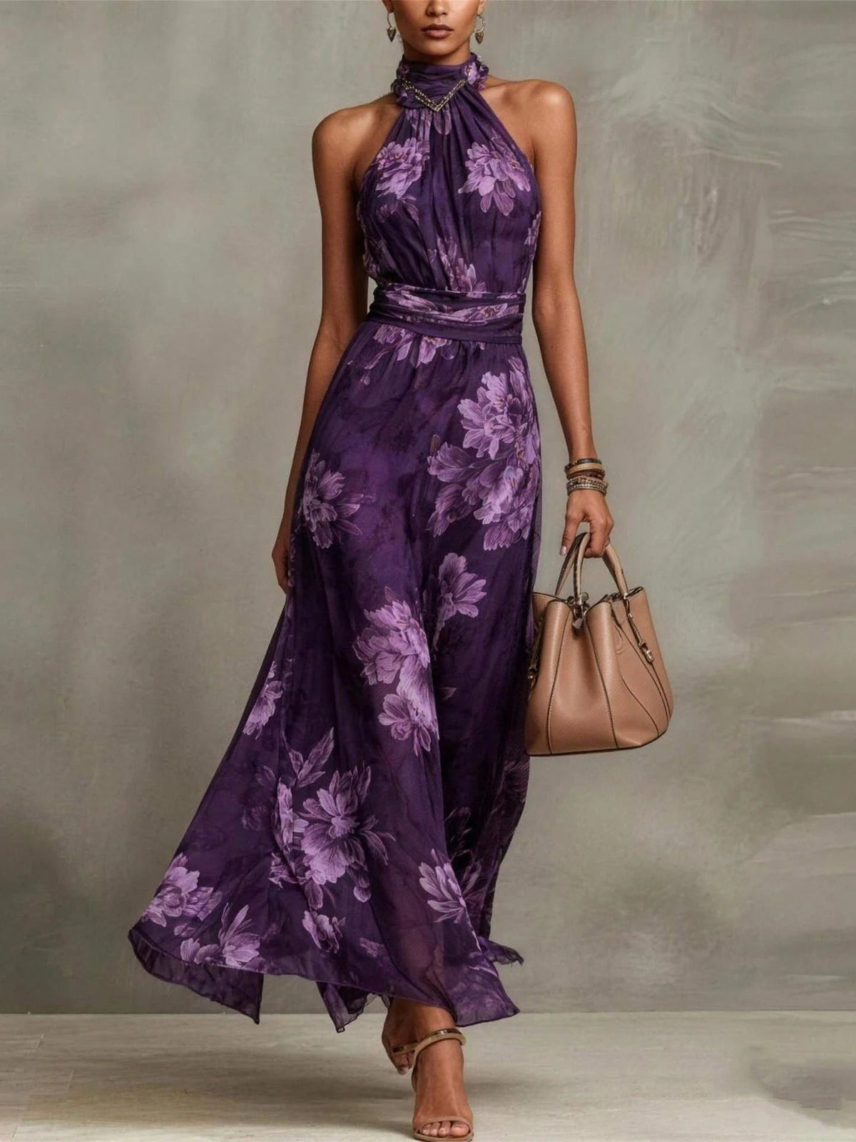Floral chiffon halter maxi dress in purple with dark floral print, high neck and cinched waist