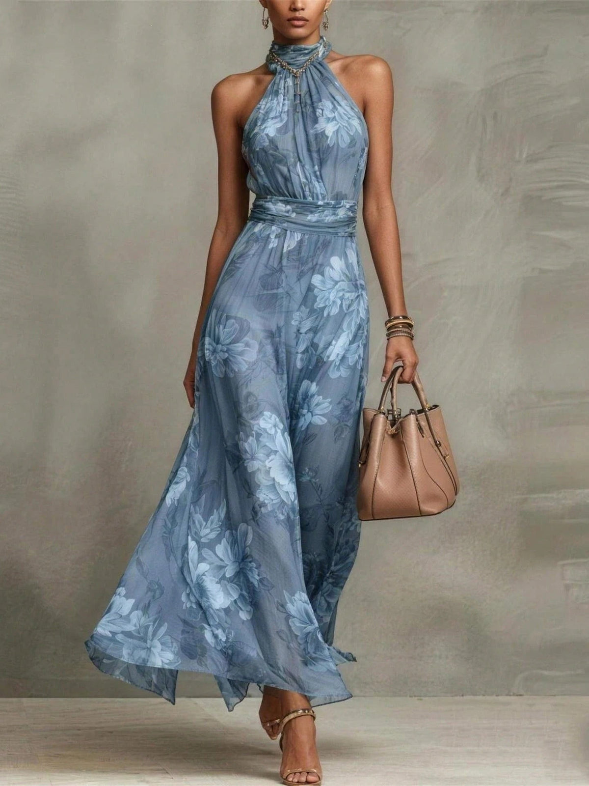 Floral chiffon halter maxi dress in blue with floral print, high neck tie and gathered waist