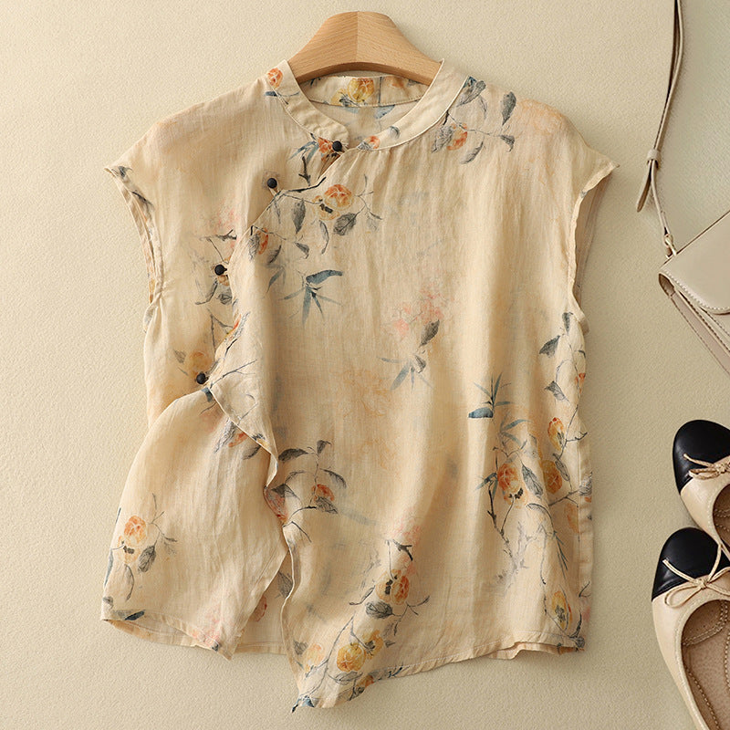 Beige short-sleeve linen top with floral print and buttoned keyhole neckline