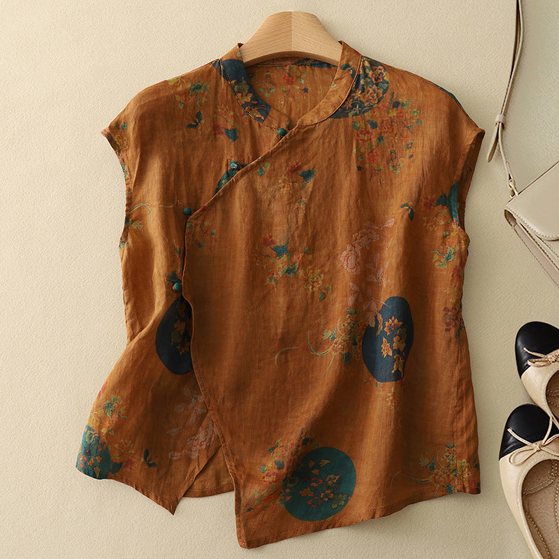Brown short-sleeve linen top with multicolor abstract floral pattern and button placket