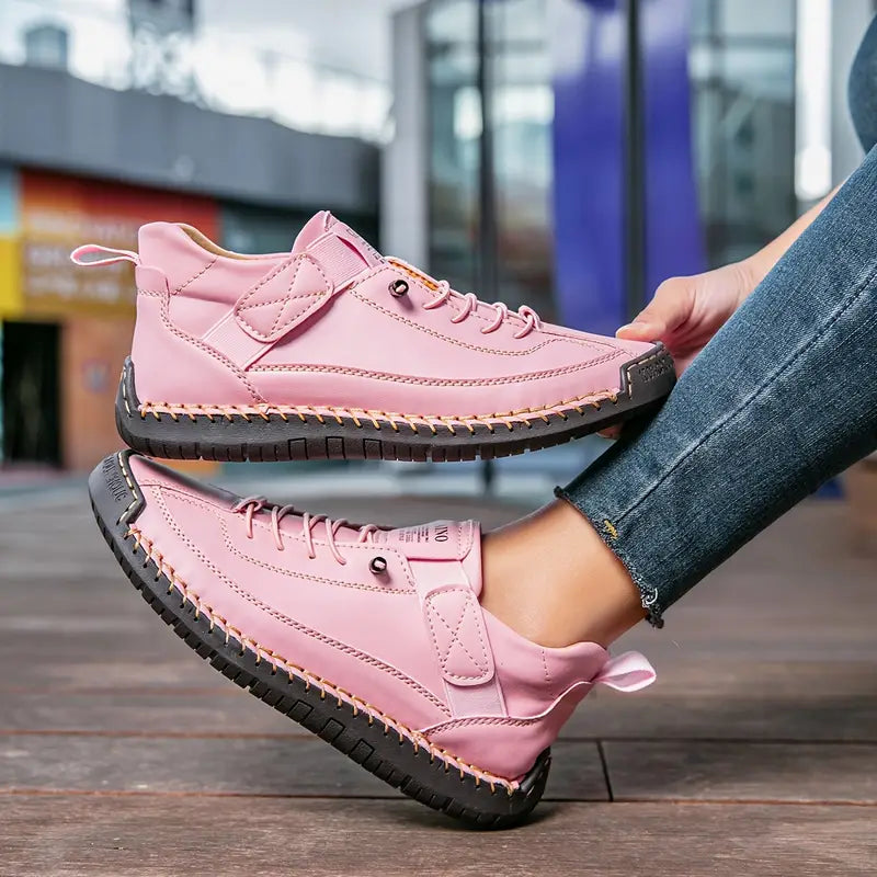 Comfort support sneakers, light pink lace-up with stitched trim and textured tread sole