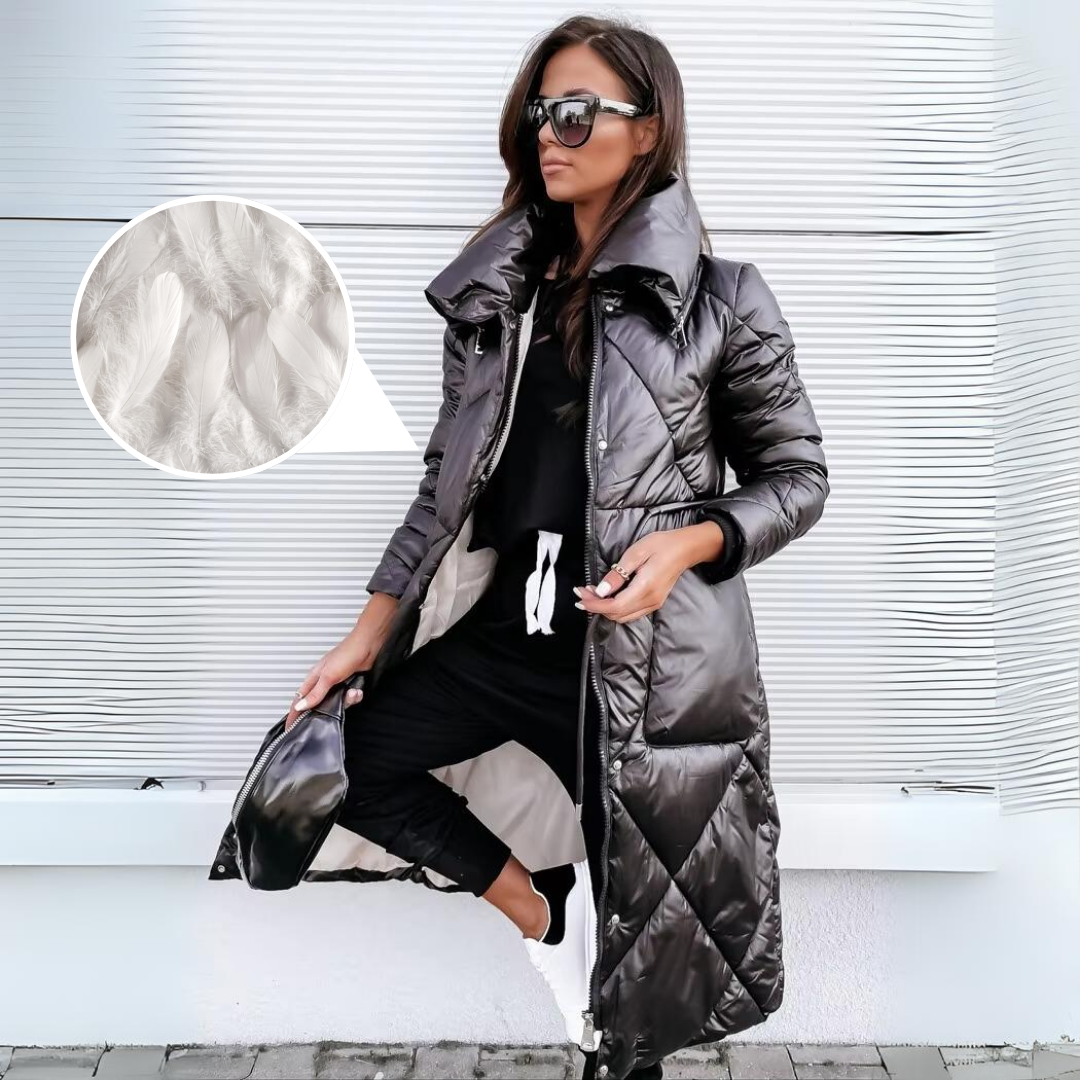 Black quilted long puffer coat with hood; white inner lining shown.