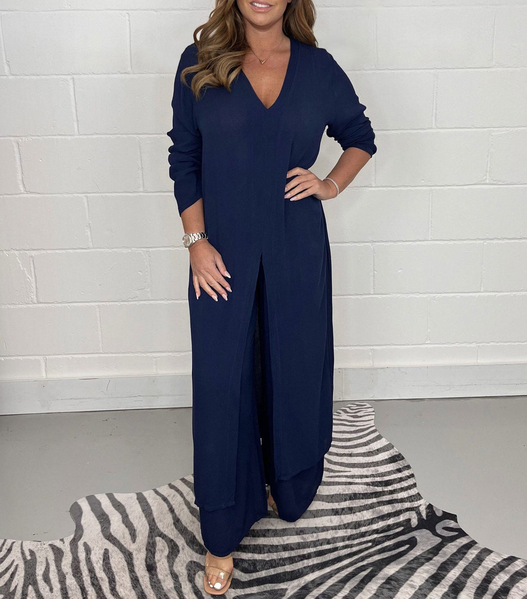 Comfy two-piece tunic and pants set, navy V-neck tunic with side slit
