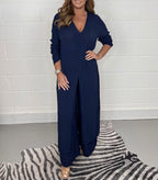 Comfy two-piece tunic and pants set, navy V-neck tunic with side slit