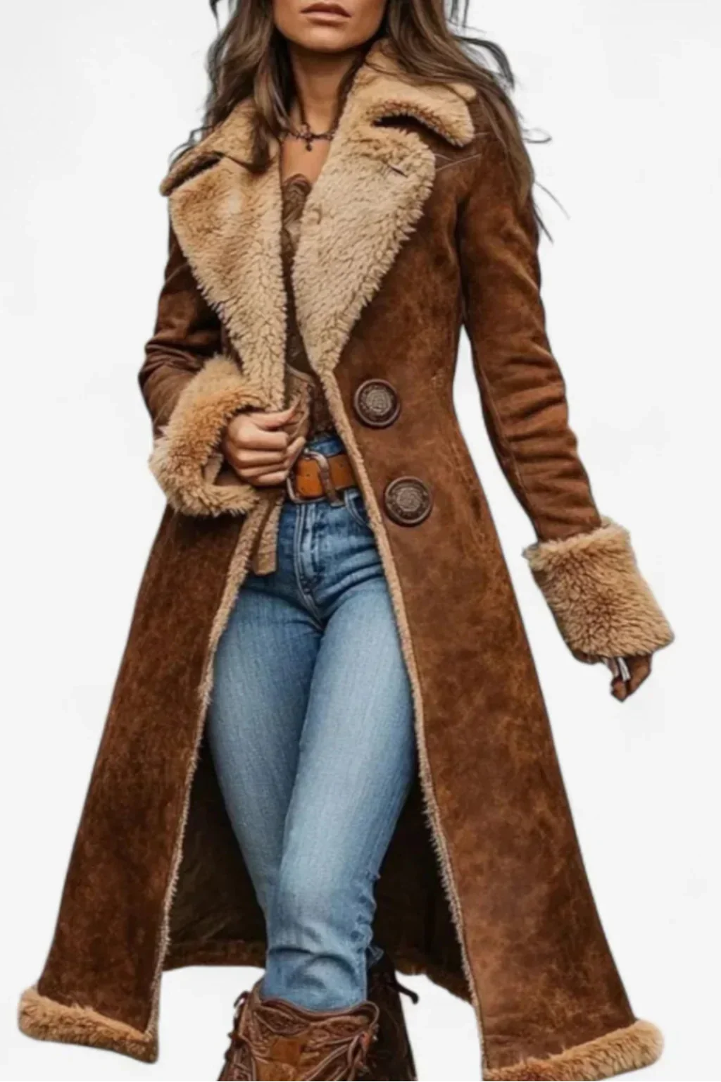 Brown long coat with sherpa-lined collar, button front, and cuff trim