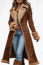 Brown long coat with sherpa-lined collar, button front, and cuff trim