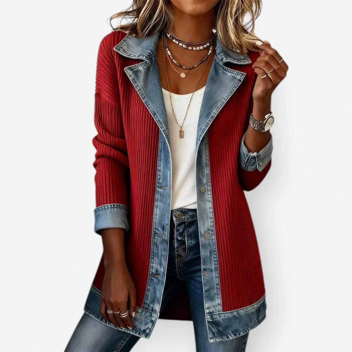 Mixed media layered jacket with red ribbed body and light blue denim front and patch pockets
