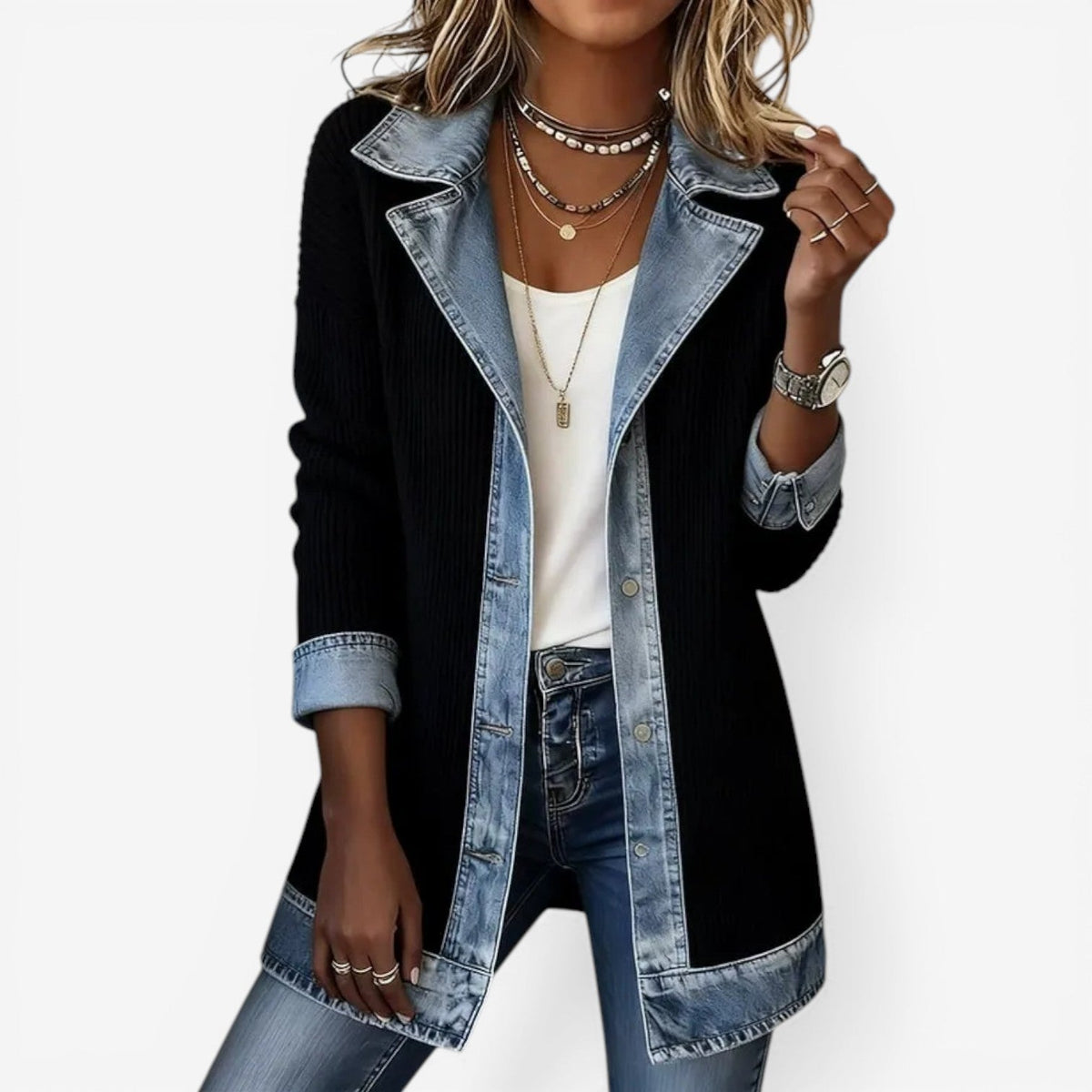 Mixed media layered jacket with black ribbed body and light blue denim lapels and hem
