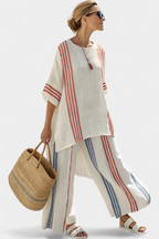 White linen two-piece set with red and blue vertical stripes, tunic top and wide pants
