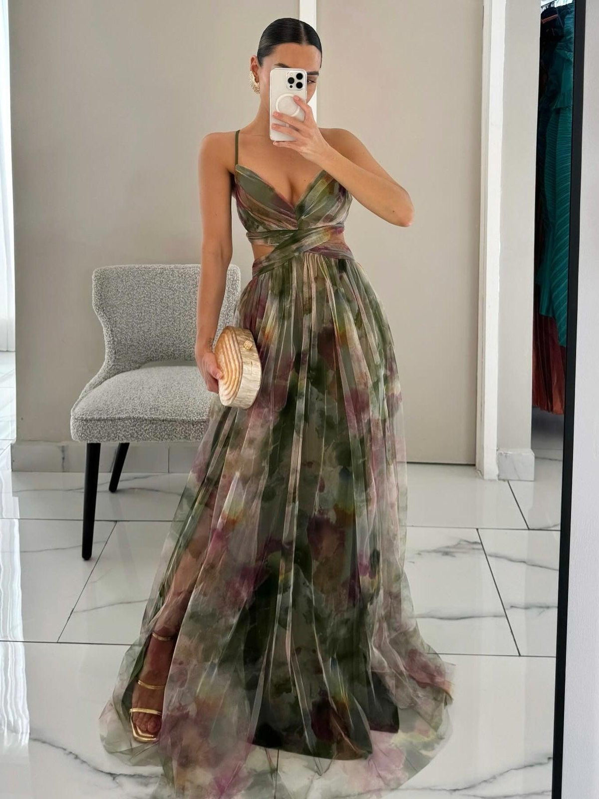 Maxi A-line V-neck dress with green painted floral print, spaghetti straps and waist tie