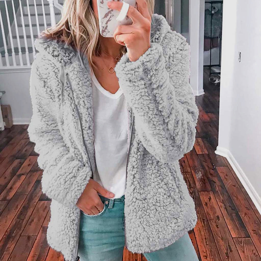 Gray sherpa hooded coat with full zipper, hood, and long sleeves