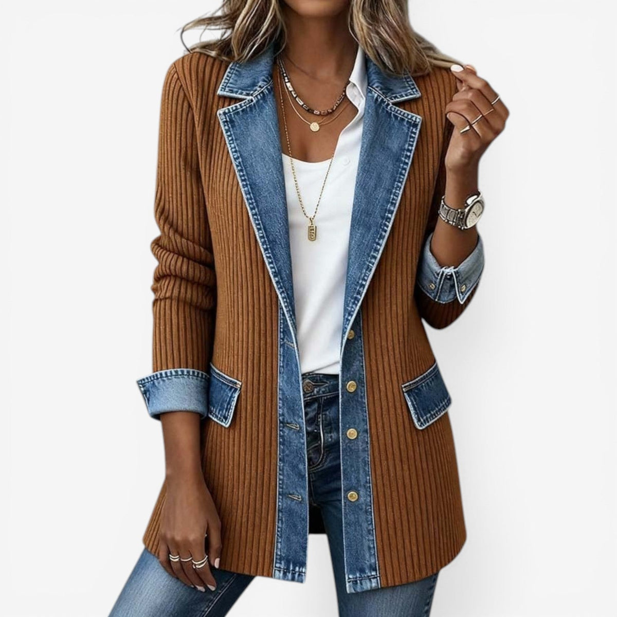 Mixed media layered jacket with brown ribbed body and light blue denim collar, pockets, and cuffs