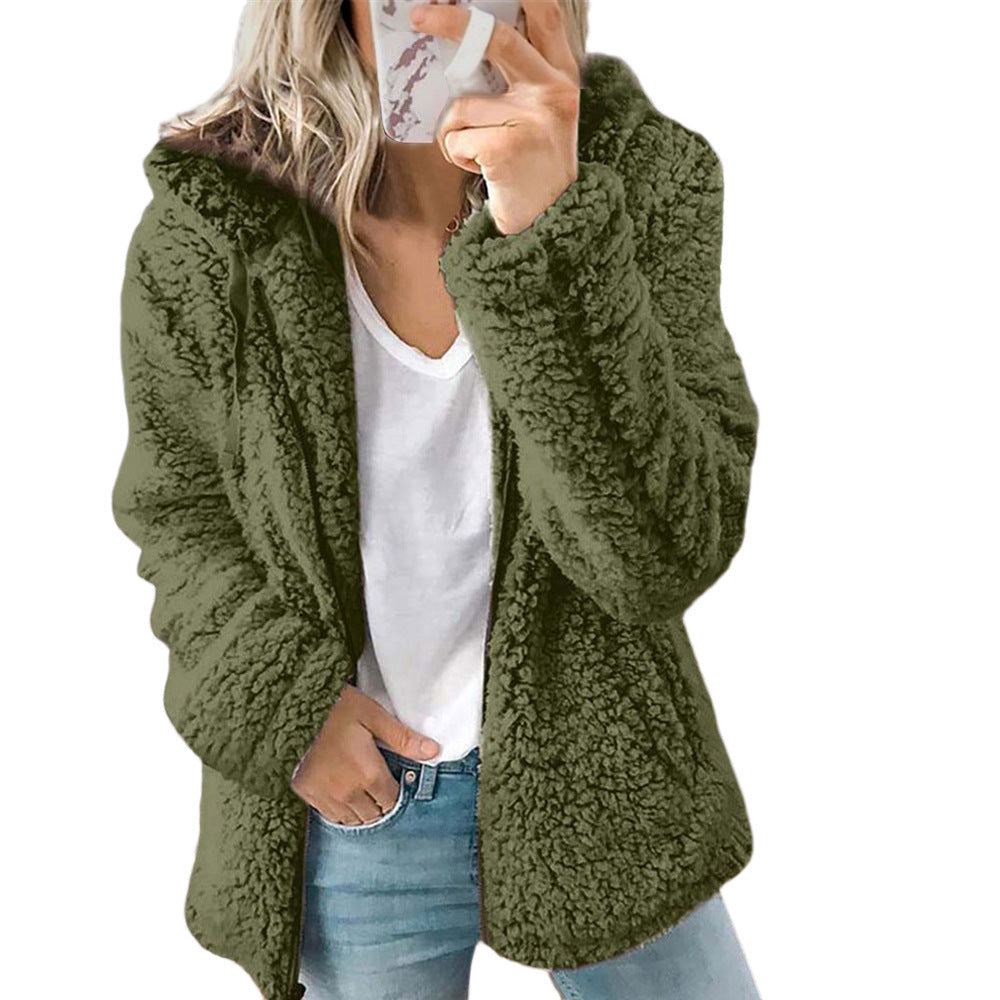 Green sherpa hooded coat with full zipper and hood, long sleeves