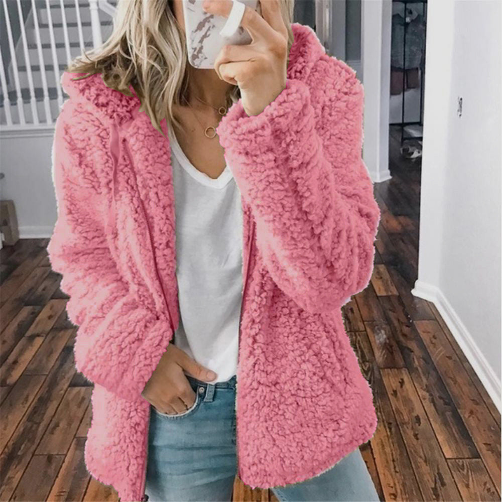 Pink hooded sherpa zip-up coat, roomy long sleeves