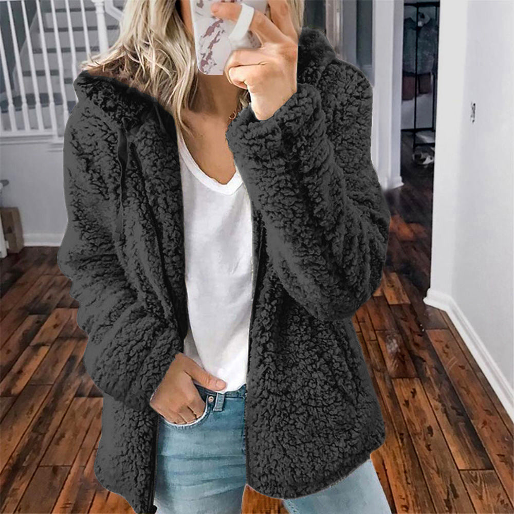 Black hooded sherpa zip-up coat with front pockets