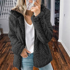Black hooded sherpa zip-up coat with front pockets
