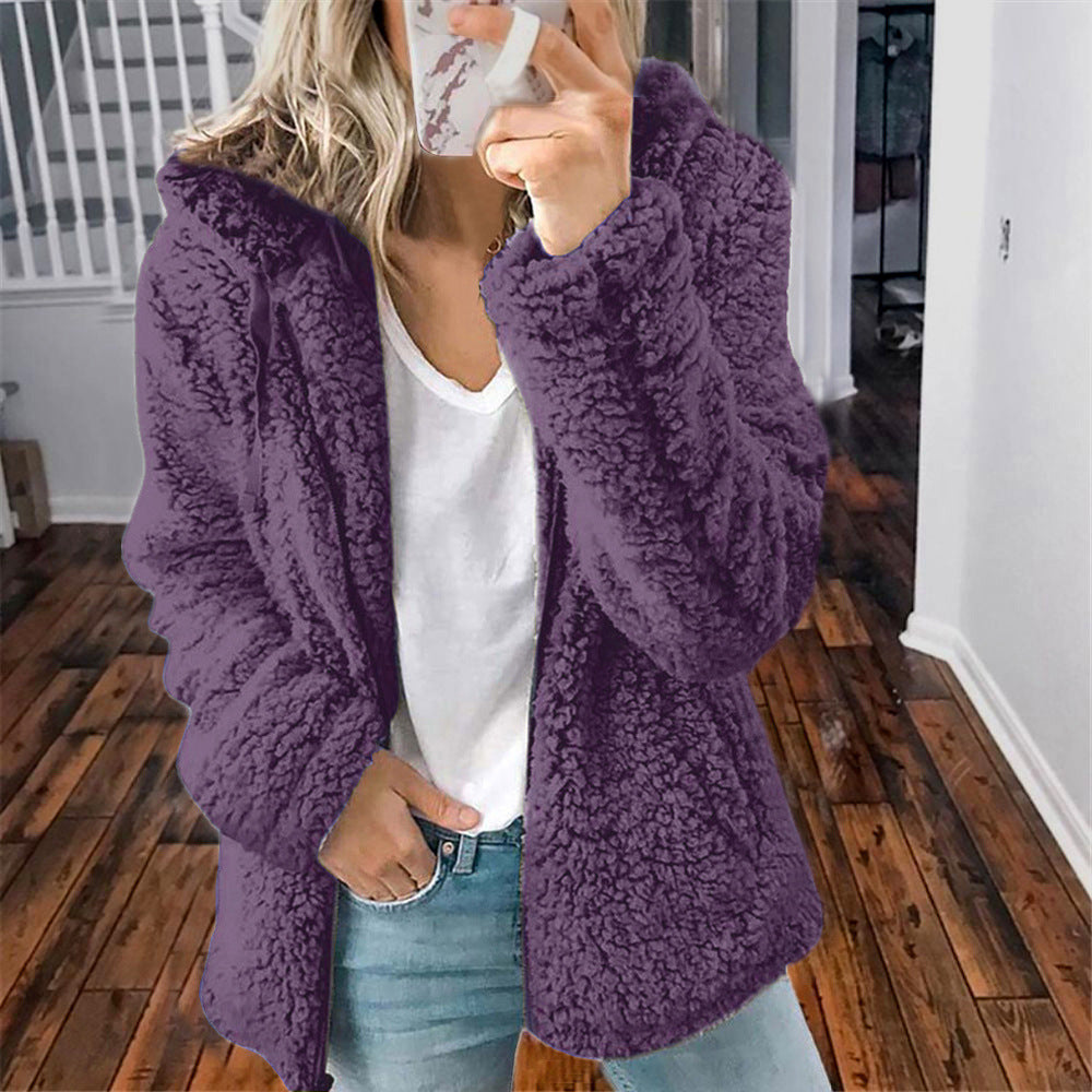 Purple sherpa hooded coat with full zipper and hood, long sleeves
