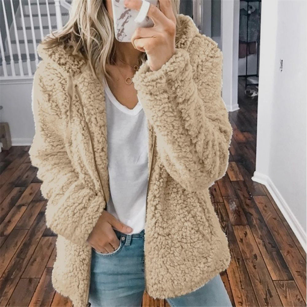 Beige sherpa hooded coat with full zipper, hood, and long sleeves