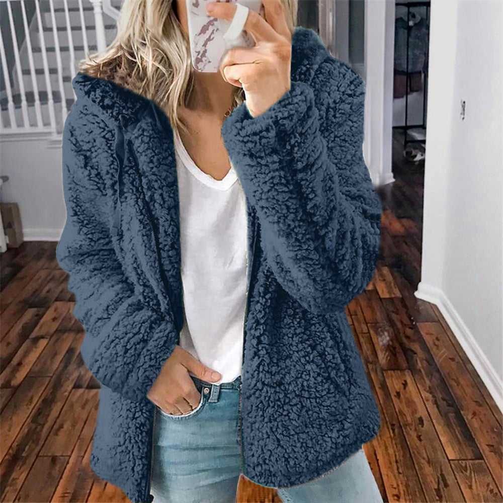 Navy sherpa hooded coat with full zipper, hood, and long sleeves