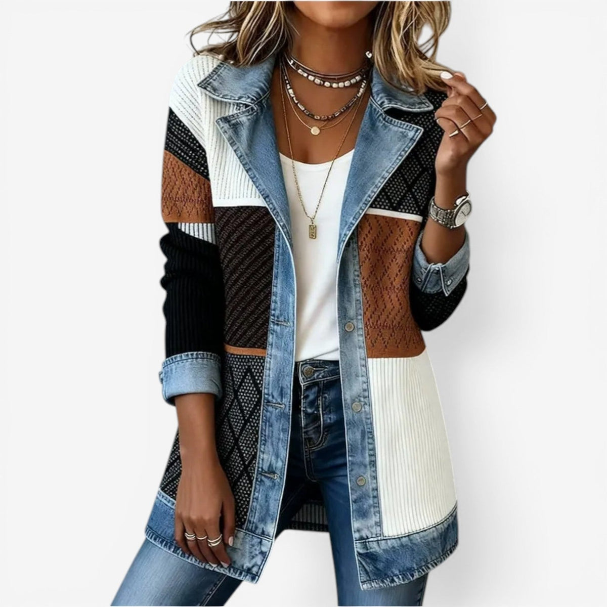Mixed media layered jacket with denim front, white ribbed side panels, and brown/black knit back