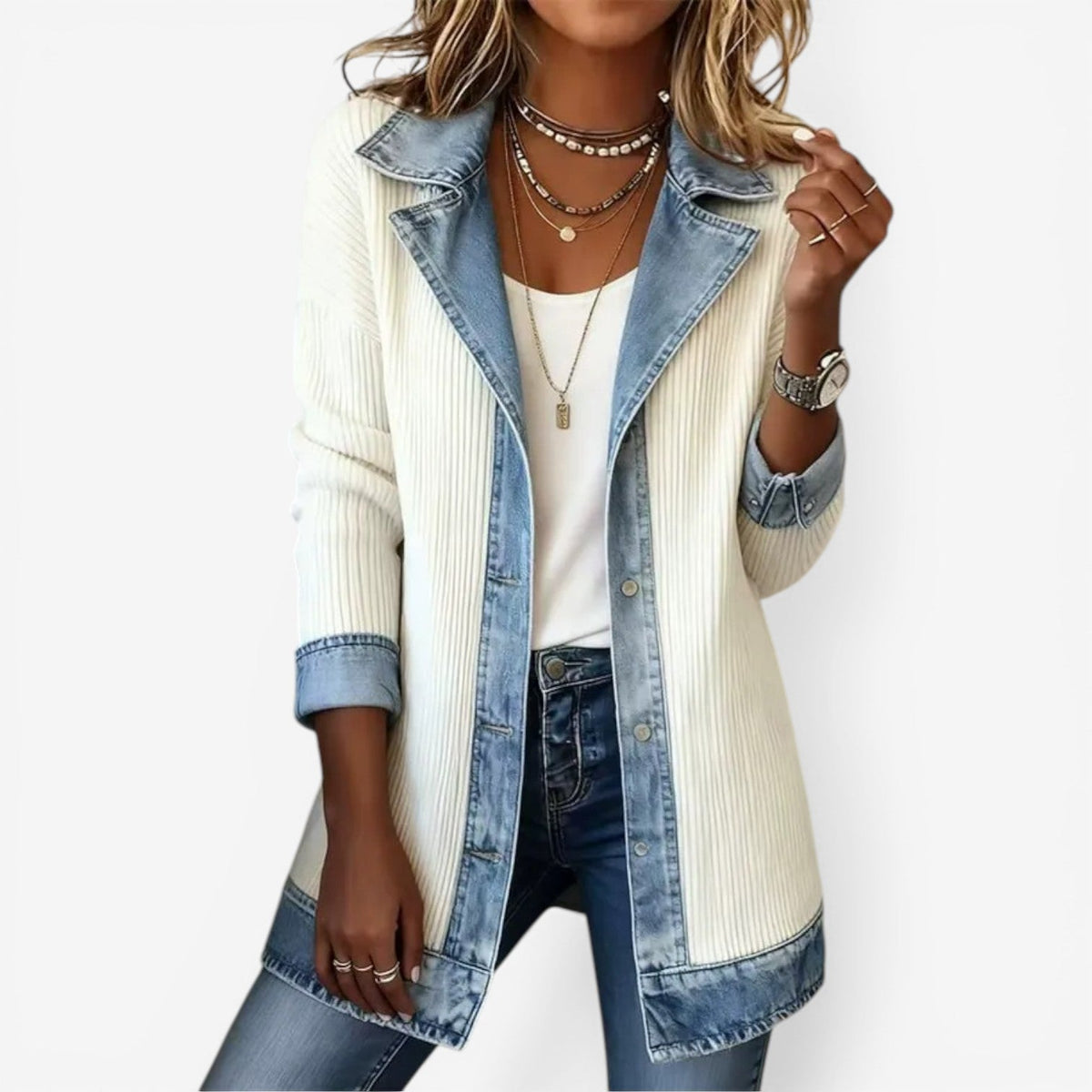 Mixed media layered jacket with white ribbed sleeves and light blue denim front and pockets