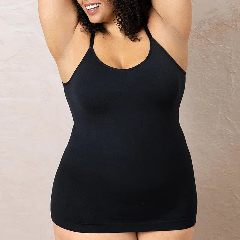 Seamless black cami with thin straps and scoop neckline