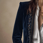 Midnight navy velvet blazer sleeve detail with ornate embroidered border