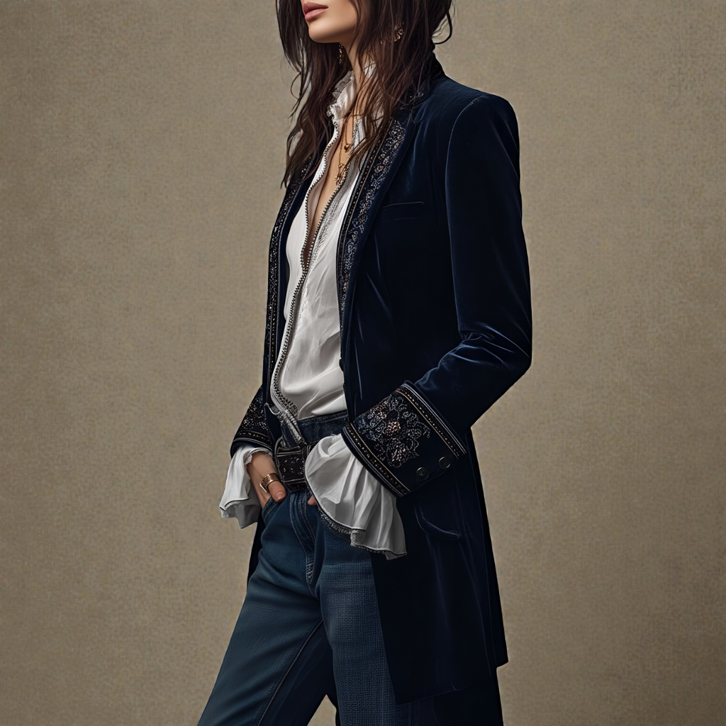 Midnight navy velvet blazer with embroidered trim and open front styling