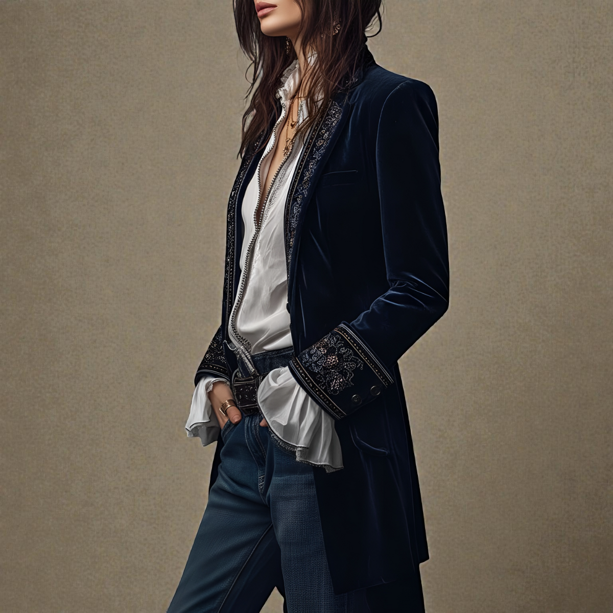 Midnight navy velvet blazer with embroidered trim and open front styling