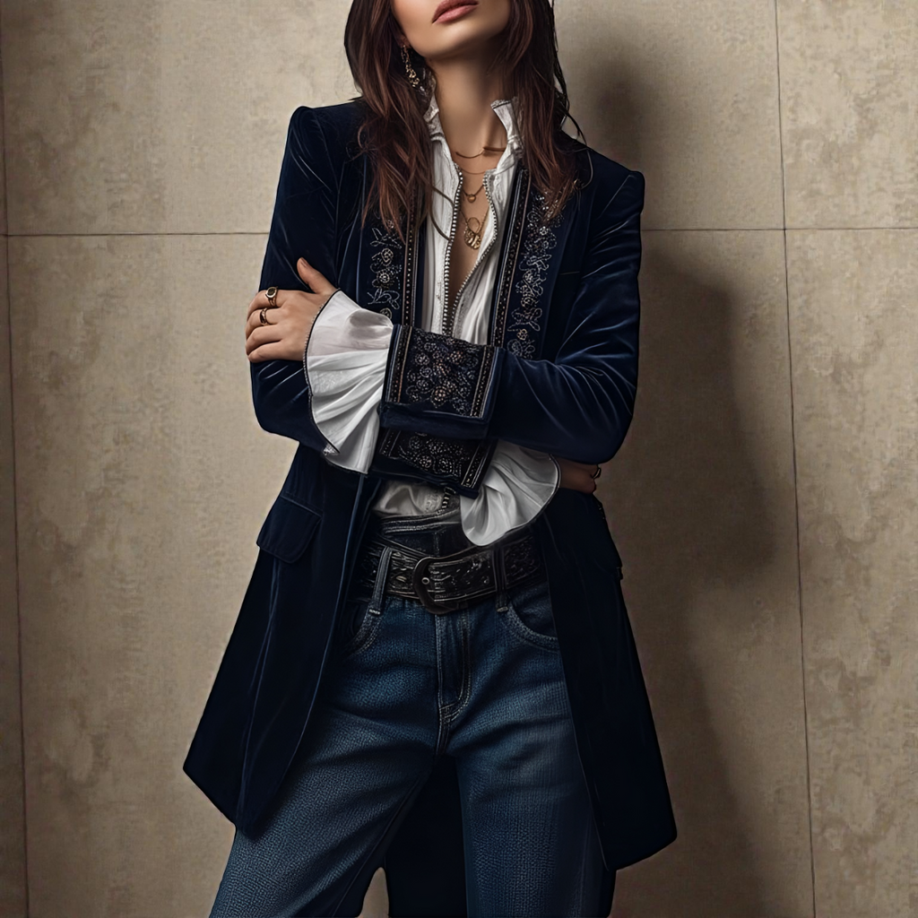 Navy velvet statement blazer with ornate embroidered trim and long sleeves