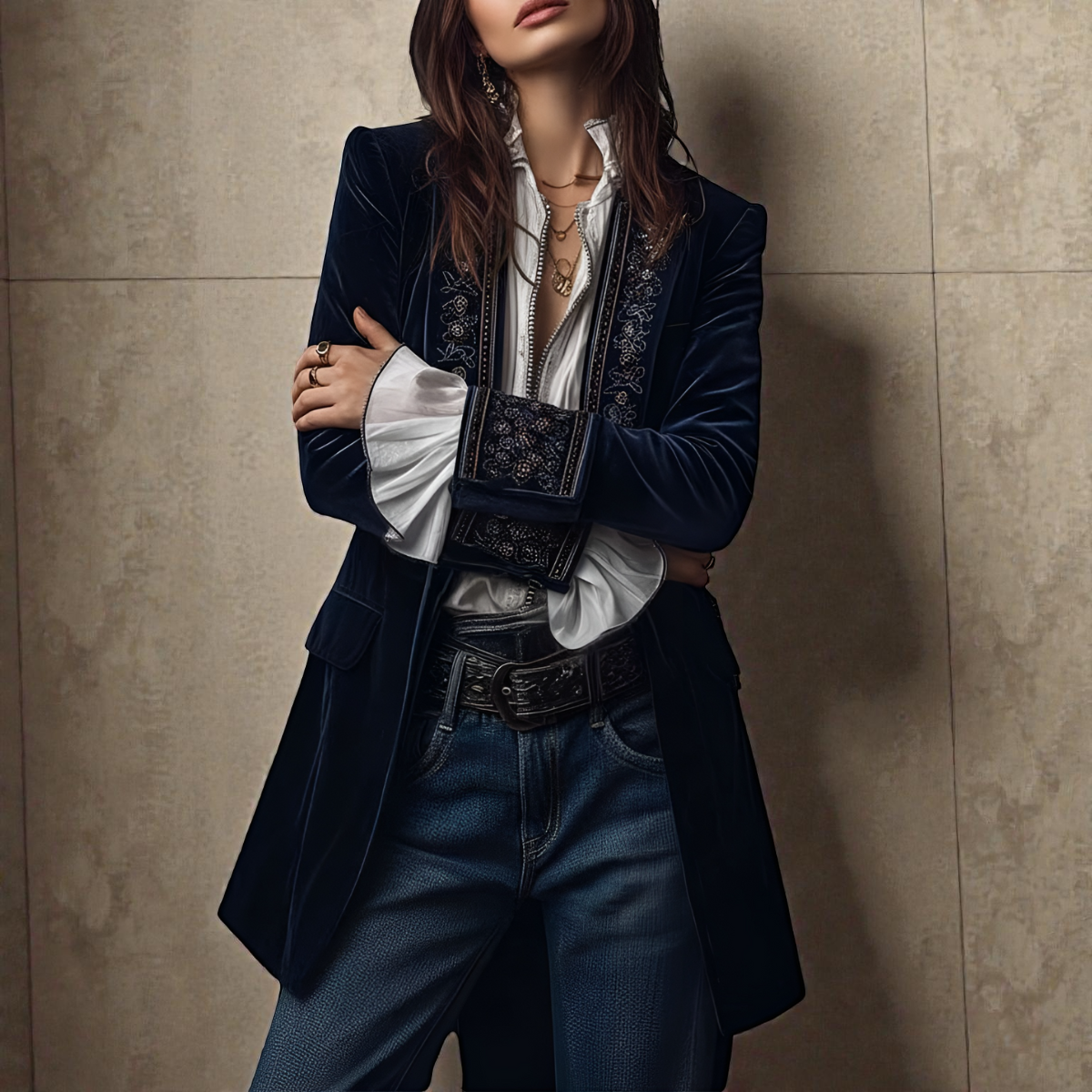 Navy velvet statement blazer with ornate embroidered trim and long sleeves