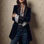 Navy velvet statement blazer with ornate embroidered trim and long sleeves