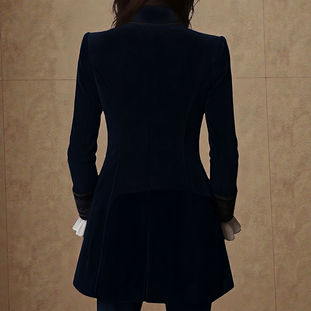 Midnight navy velvet blazer, tailored back with long sleeves and buttoned cuffs