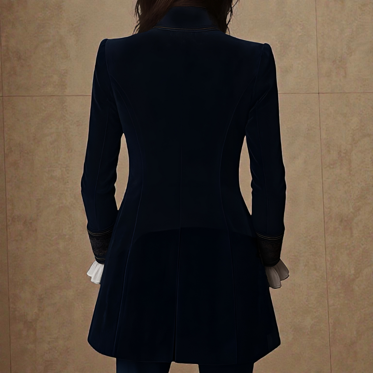 Midnight navy velvet blazer, tailored back with long sleeves and buttoned cuffs