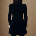 Midnight navy velvet blazer, tailored back with long sleeves and buttoned cuffs