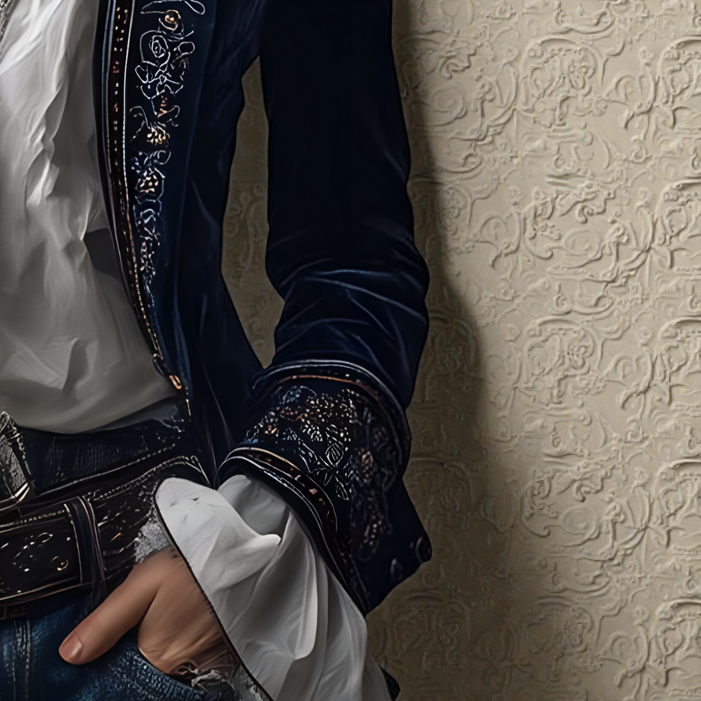 Midnight navy velvet blazer cuff detail with embroidered trim and buttoned edge