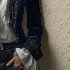 Midnight navy velvet blazer cuff detail with embroidered trim and buttoned edge