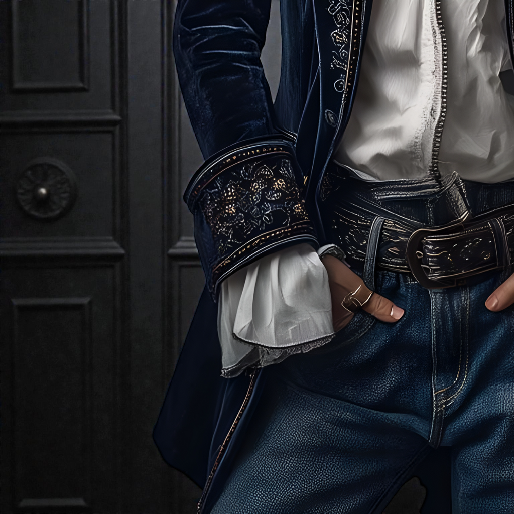 Midnight navy velvet statement blazer with gold-embroidered cuffs and trim