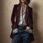 Berry red velvet statement blazer with ornate embroidered trim and long sleeves