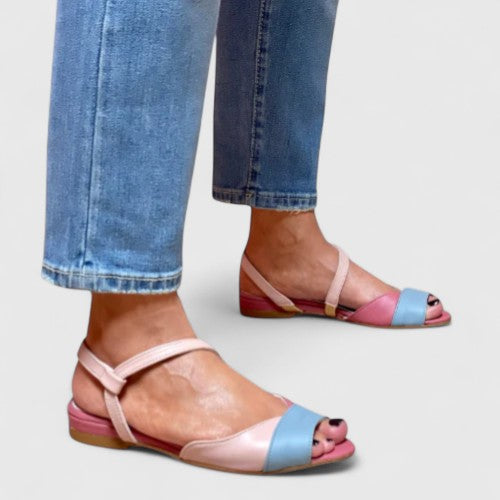 Open-toe color-block sandals with ankle strap and decorative toe detail, pink and light blue