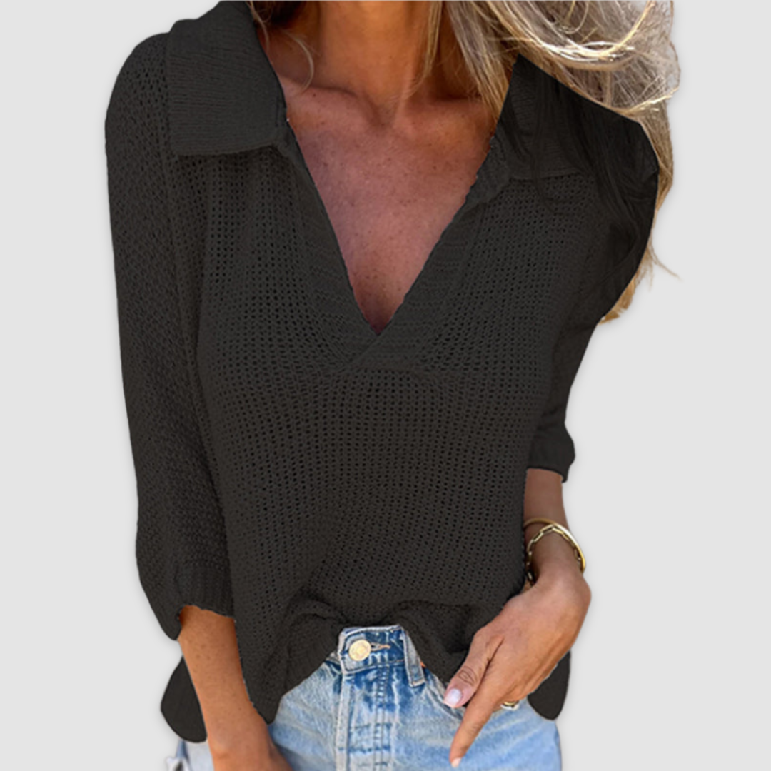 Black V-neck knit top with three-quarter sleeves and fine textured pattern