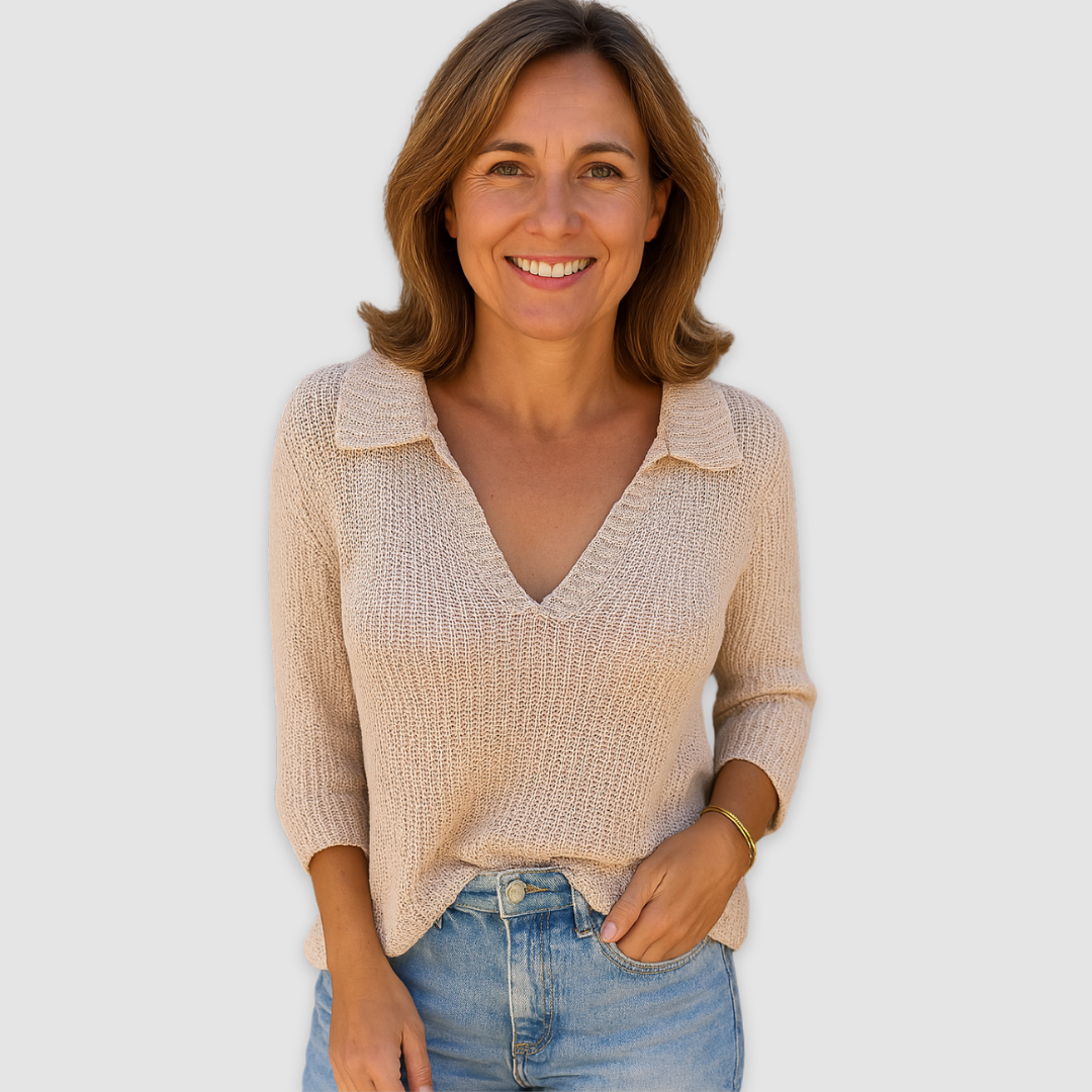 Beige V-neck knit top with three-quarter sleeves and textured fabric