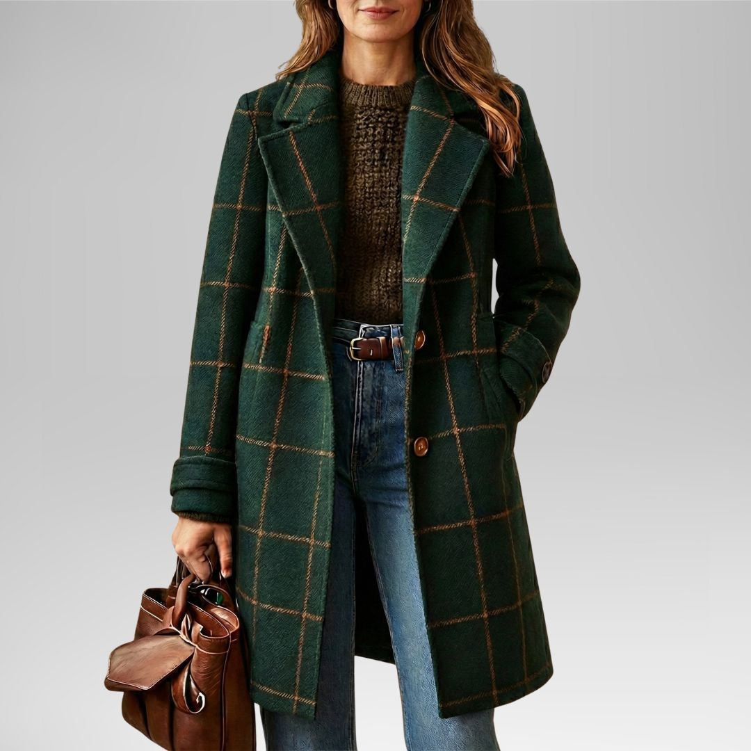 Dark green plaid tweed coat with notch lapels and front button closure