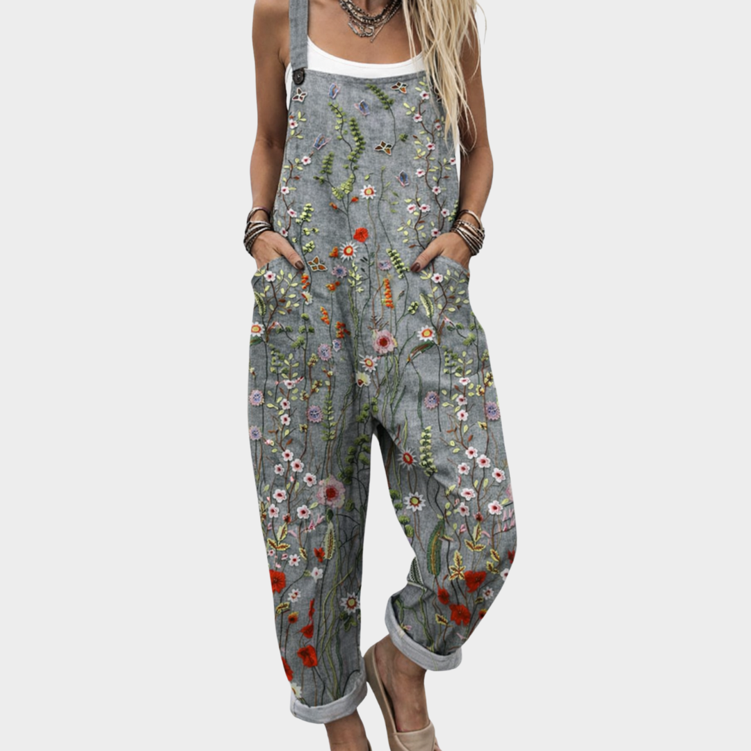 Sleeveless floral printed jumpsuit, gray with colorful flower and vine pattern