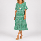 Green polka dot short-sleeve midi dress with tiered skirt and floral chest detail