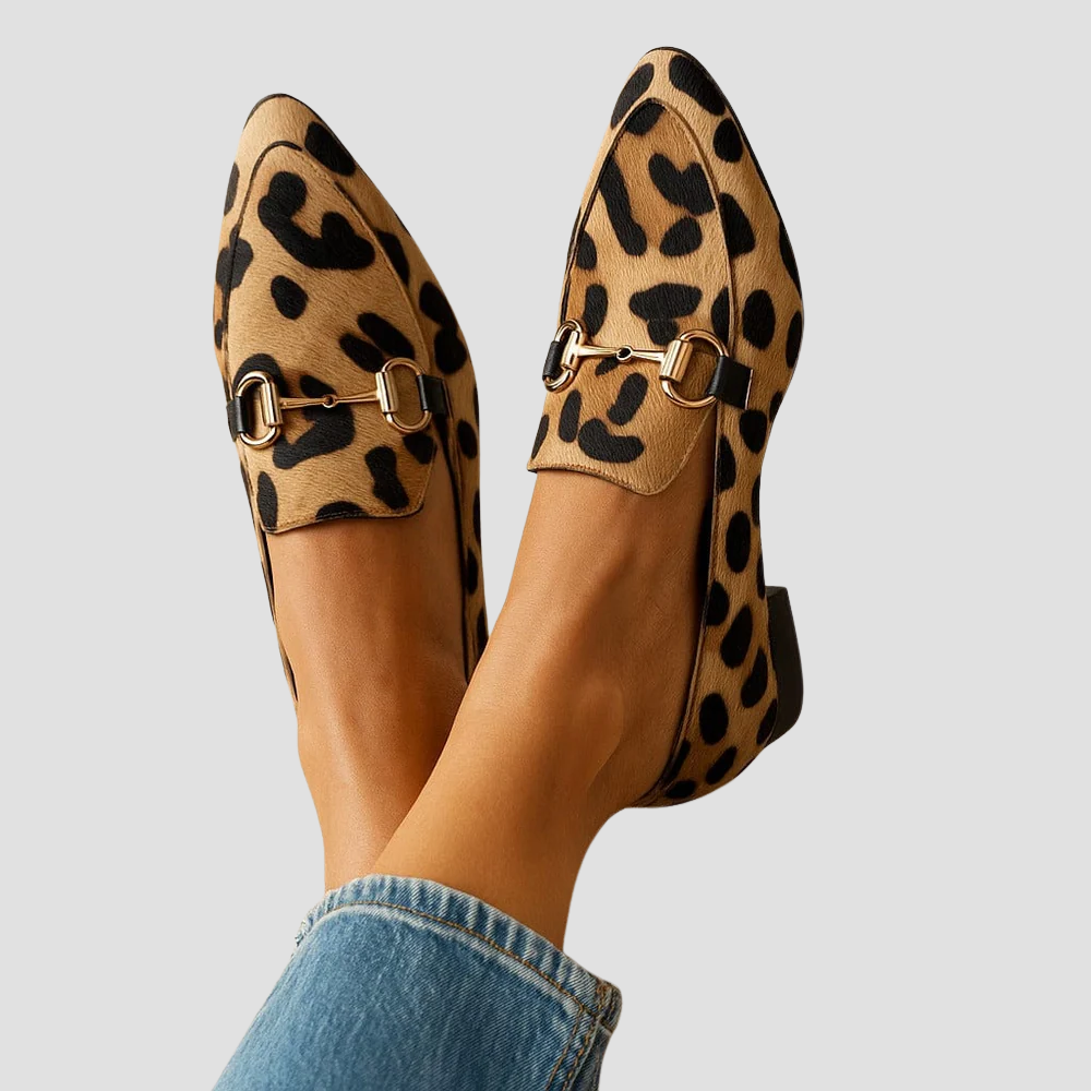 Diana™ leopard-print support comfort loafers with gold buckle straps
