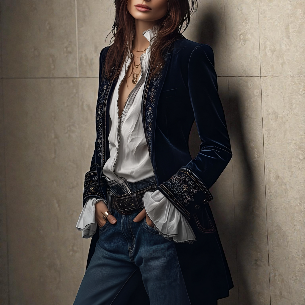 Midnight navy velvet blazer with embroidered trim on lapels and cuffs
