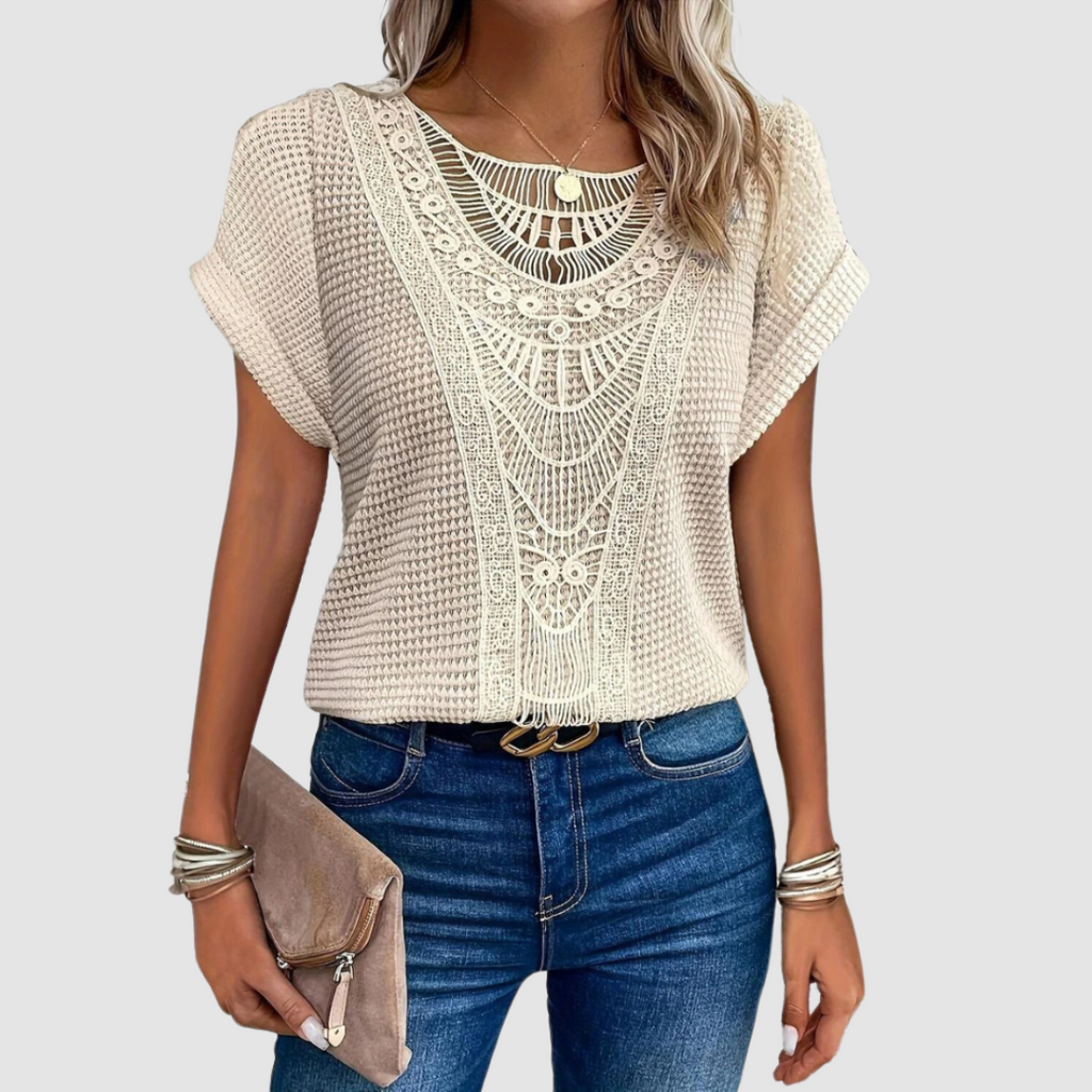 Beige lace crochet top with scalloped yoke and short batwing sleeves